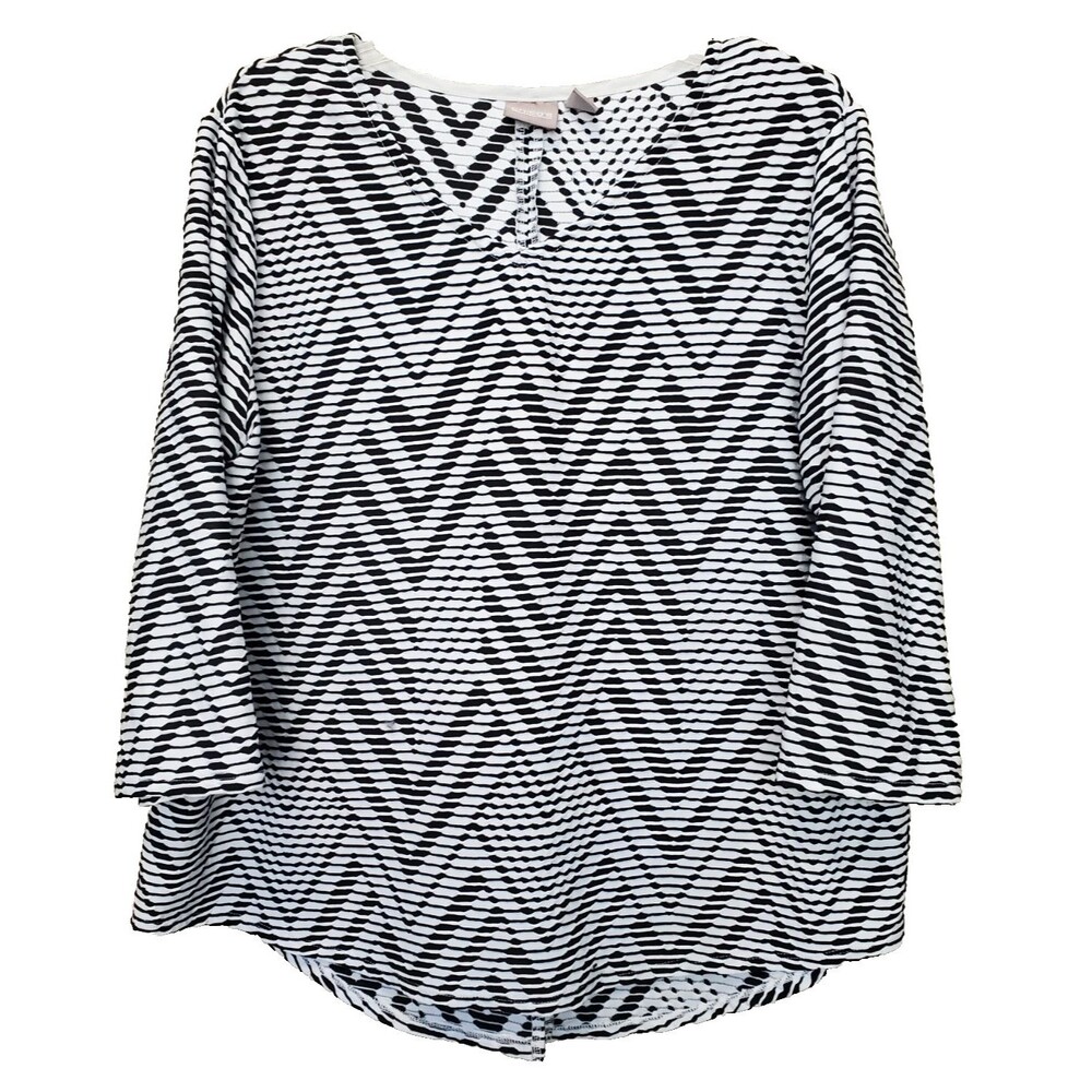 Chico's Black/White Textured Chevron Print 3/4 Sleeve Blouse Size 3 (XL)